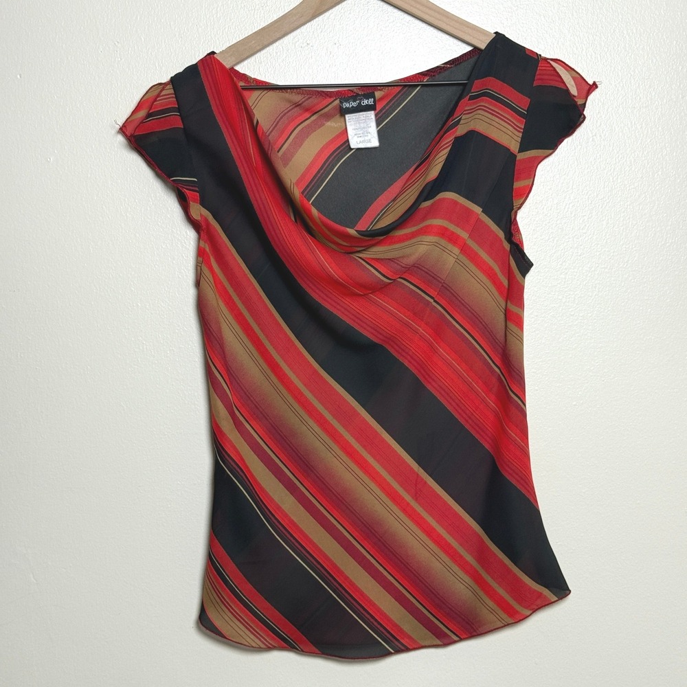 Paper Doll Womens Chiffon Flutter Sleeve Blouse L Red Black Striped Cowl 90s Y2K